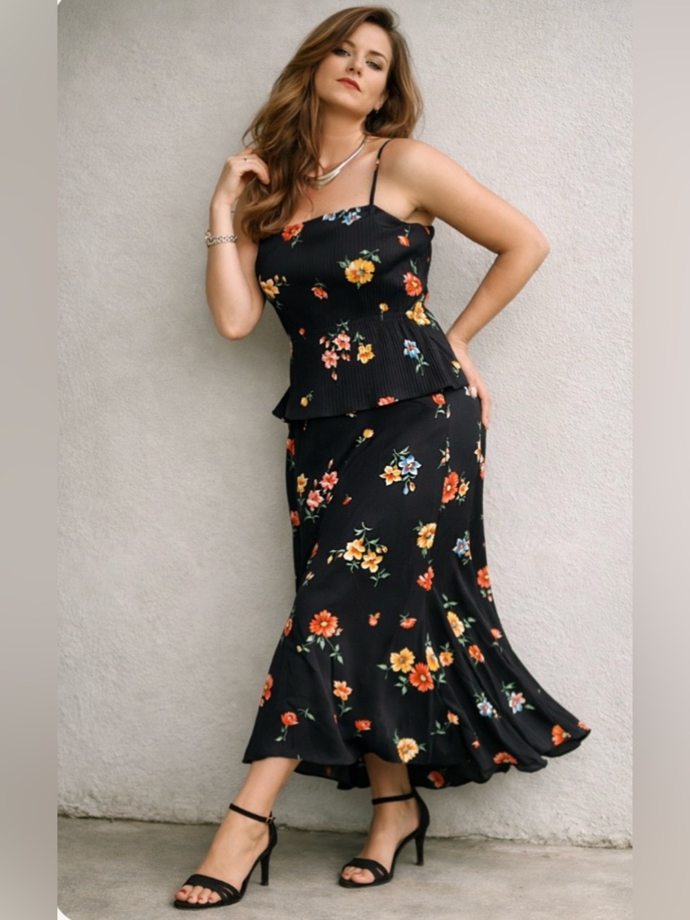 Vintage Sleeveless Black Floral Pleated Romantic Garden Print Peplum Maxi Dress